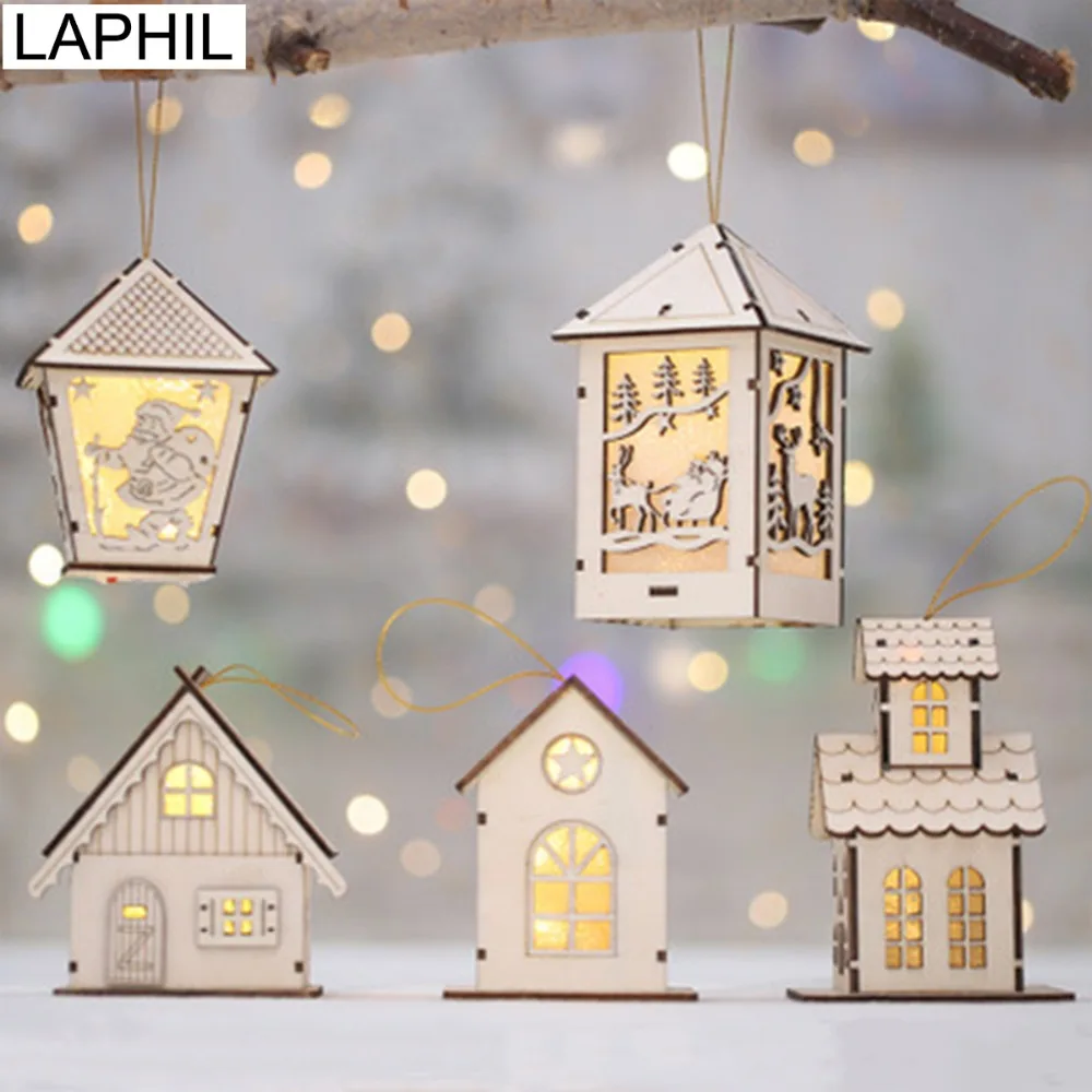 

LAPHIL Luminous Wooden House Santa Claus Christmas Tree Ornaments Lamp Cabin Pendants Xmas Gift Christmas Decorations for Home