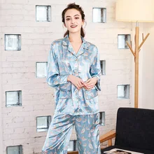 SSH0136, новинка, пижамы с животным принтом, атласная шелковая пижама, весна-осень, полный рукав, комплект из 2 предметов, мягкие женские пижамные комплекты, одежда для сна