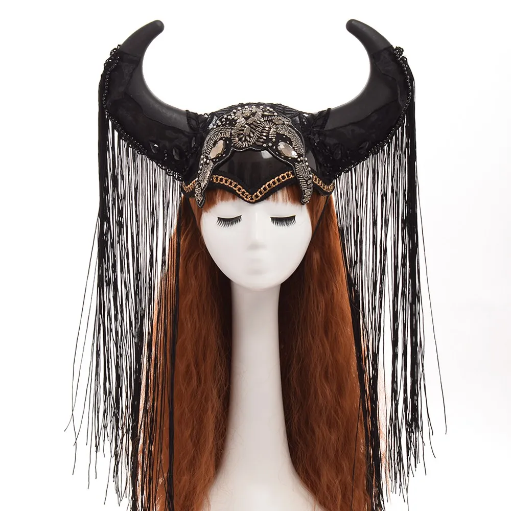 

Halloween Cosplay Black Punk Women Horn Tassels Hat Headwear