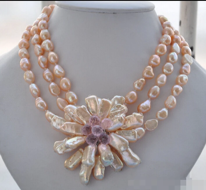 

huij 001614 3row 16" pink baroque pearl biwa crystal flower pendant necklace