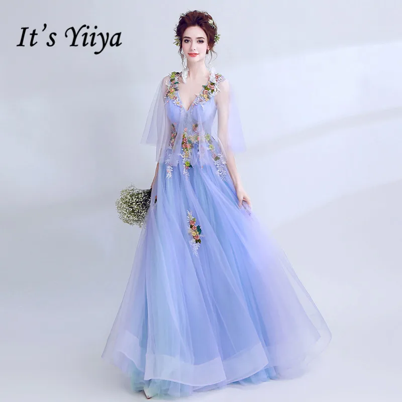 

It's YiiYa Evening Dress Appliques Embrodiery Beading Blue Wedding Formal Dresses V-neck Flare Sleeve Lace Long Party Gown E166