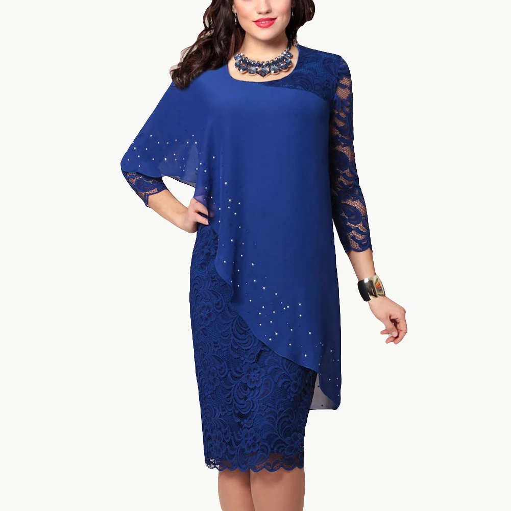 Размера плюс vadim одноцветное модное женское двухслойное платье 3/4 без рукавов с вырезом средней длины vestidos de verano - Цвет: Синий