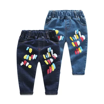 

2017 Autumn boys girl Jeans cotton pants casual Color point printing cowboy baby toddler trousers kids clothes children clothing