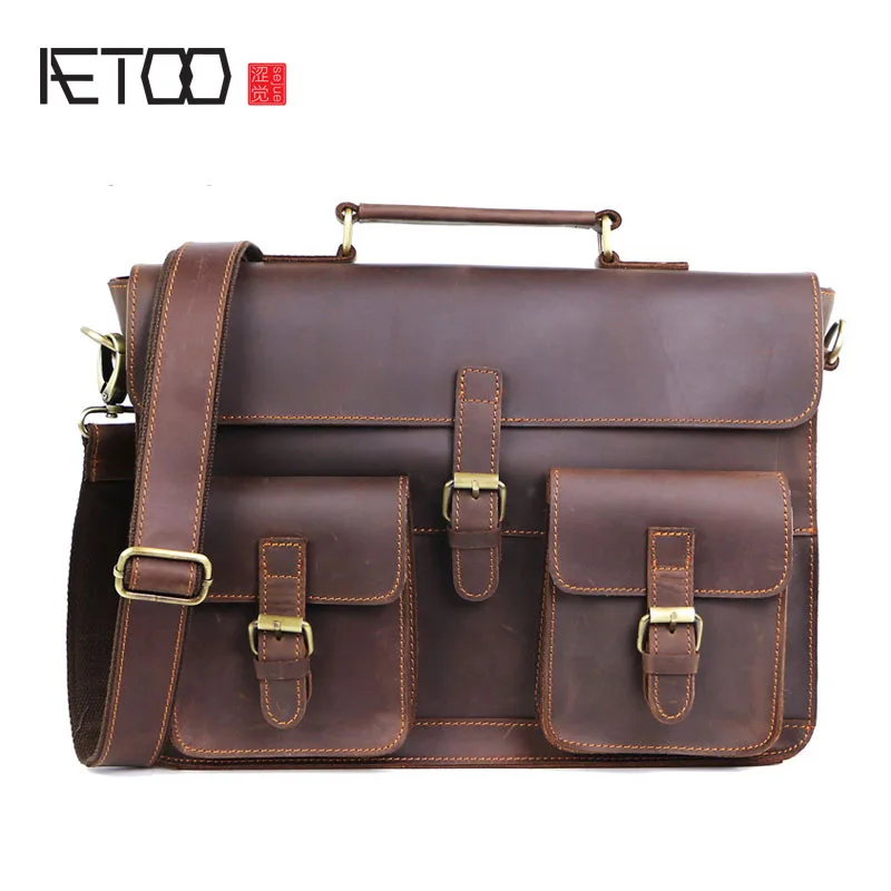

AETOO Crazy horse leather men's briefcase Europe and the United States retro leather handbag large computer bag