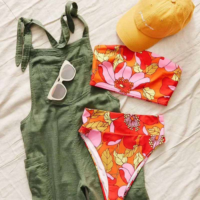2019 Sexy High Leg Bandeau Bodysuit set Swimwear female two pieces swimsuit Mid Waist Women Bathing Suit Print biquini Wonder