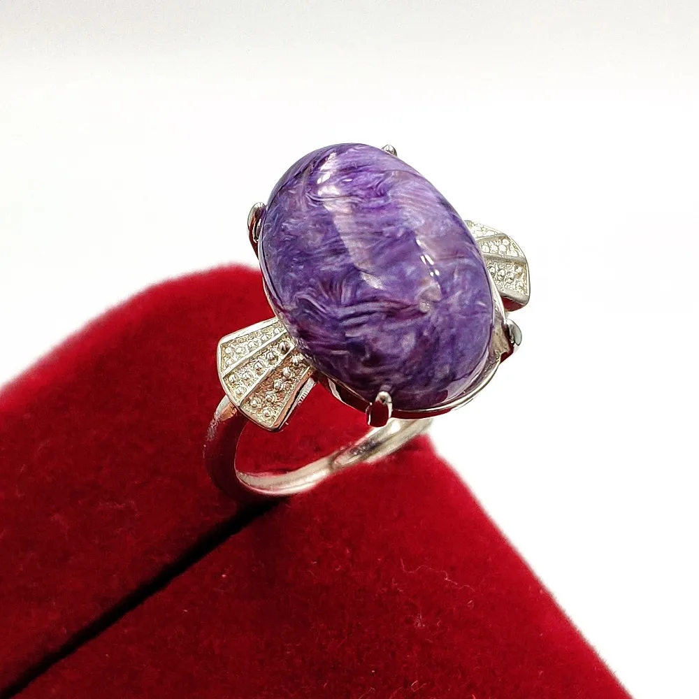 

Genuine Natural Purple Charoite Bead Ring 14x10mm Adjustable Russia Healing 925 Silver For Woman Man Drop Shipping AAAAA