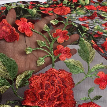 

Thick Red Peony Flower Embroidery Lace Fabric Net Fabric Floral Women Dress Materials 120cm wide by Yard