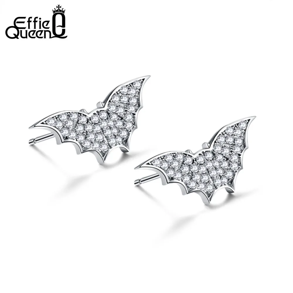 

Effie Queen Black Silver Color Stud Earrings For Female With Shiny Zircons Bat Animal Earring Halloween Jewelry Party Gift DE200