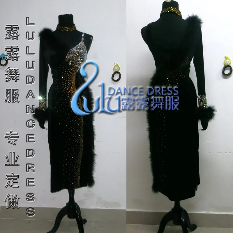 

Sexy Velvet fabric Black New Latin dance dress cha-cha dance dress Blue Latin dance dress