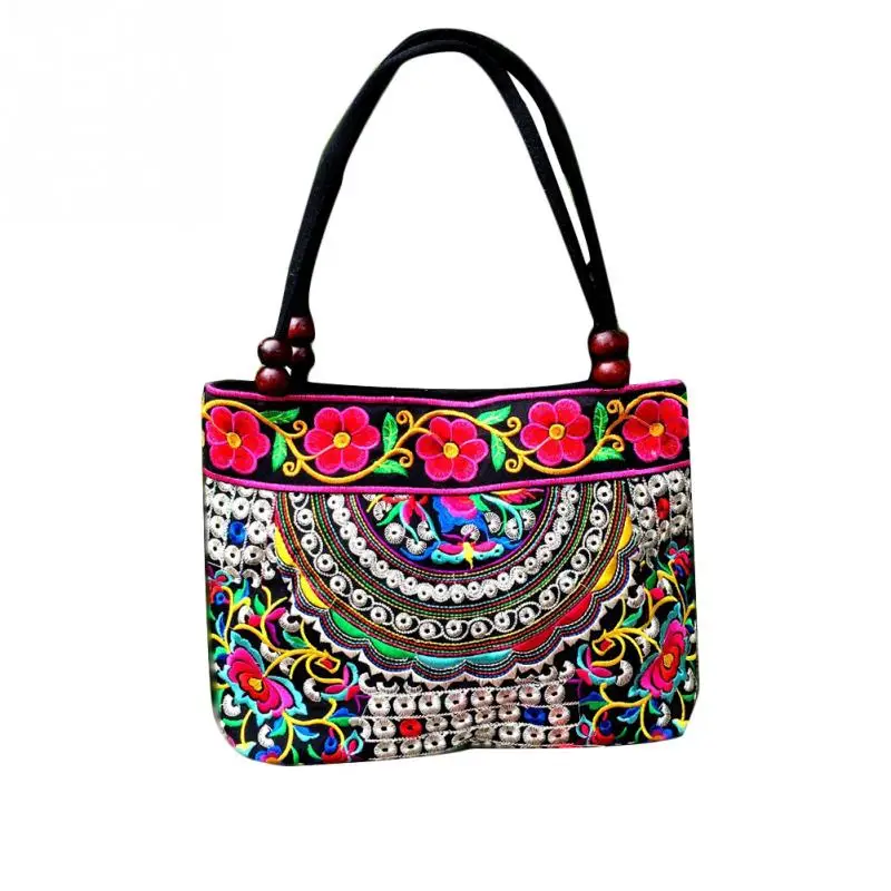 Women Handbag Canvas Vintage Ethnic Floral Embroidery Totes Wood Beads Double Layered Zipper Shoulder Bag Random Color vintage women bag retro handbag national ethnic canvas totes wood beads double layered travel shoulder bag sac femme bolsos