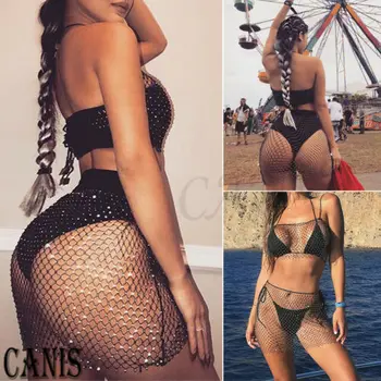

Fashion Sexy lady 2019 Women Sexy Sequins Crystal Mesh Slim Mini Short Top Skirt Hollow Out Bodycon Bikini Cover Up