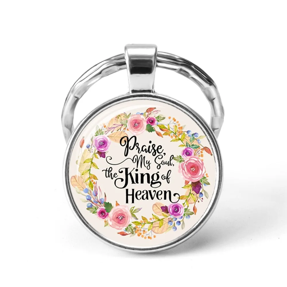 

Vogue Silver Christian Bible Key Chains Holder Charms Bible Psalm Glass Flower Picture Keychain Women Celebrity Quotes Jewelry