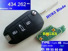 RMLKS New Remote Key 3 Button 433MHz ID46 PCF7941 Chip Fit For Peugeot 508 Car Key Fob Uncut HU83 Blade