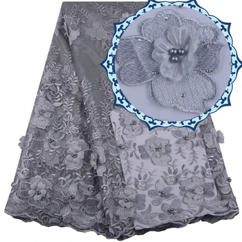 

High Quality 3D Flowers French Lace Fabric With Beads For Bridal Wedding Dress New Arrival Applique Net Lace With Stones 1542B