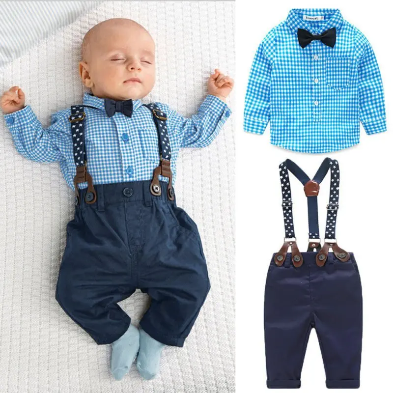 2pcs Baby Boy Sets Toddler Plaid Tops+Suspender Pants Kids Boys Clothes