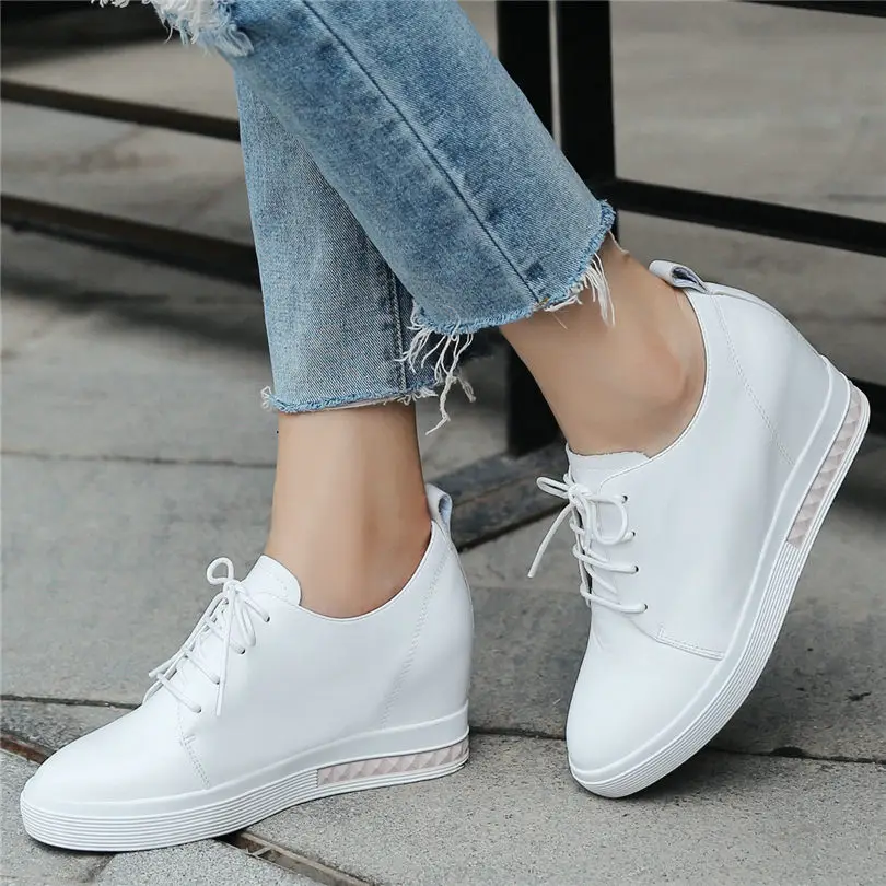 

NAYIDUYUN 2019 New Wedges Oxfords Shoes Women Genuine Leather High Heel Party Pumps Round Toe Punk Tennis Shoes Casual Shoes