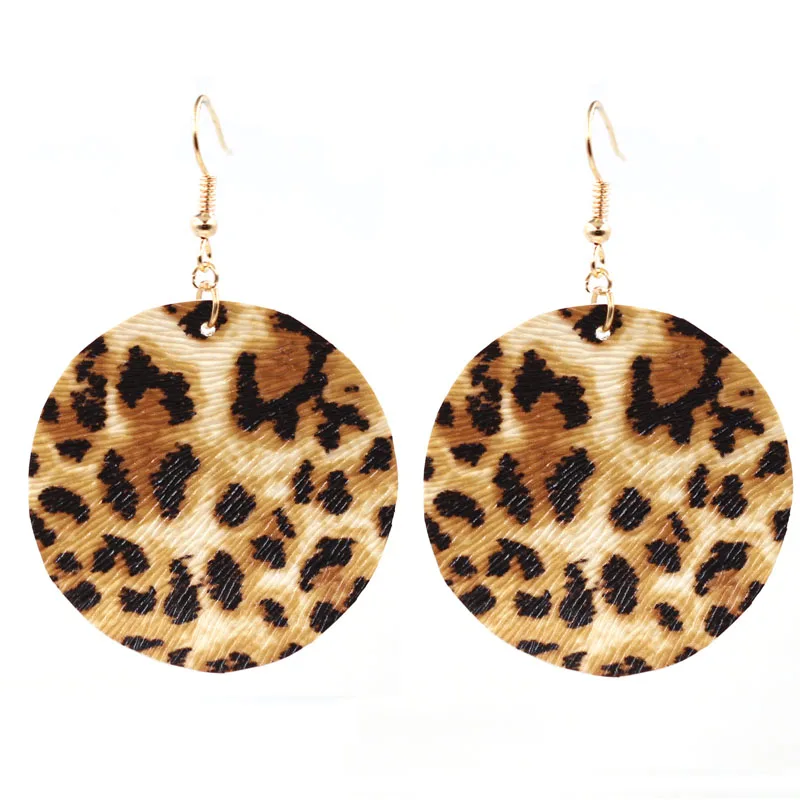 

Hot Selling Classic Leopard Print Pu Leather Big Round Dangle Earrings Bohemia Statement Big Circle Pu Leather Earrings