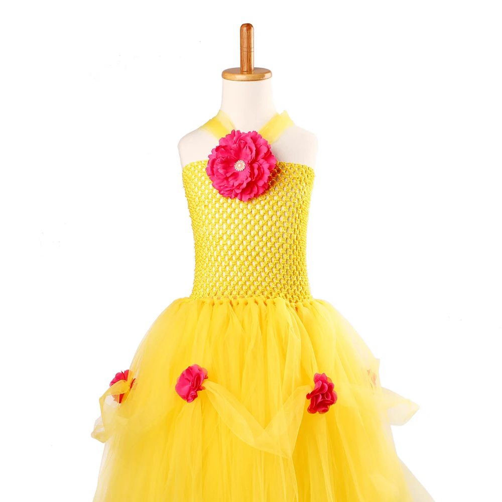 Yellow Princess Belle Tutu Dress The Beauty and the Beast Inspired Girls Birthday Party Dress Kids Photo Cosplay Costumes Vestidos (11)