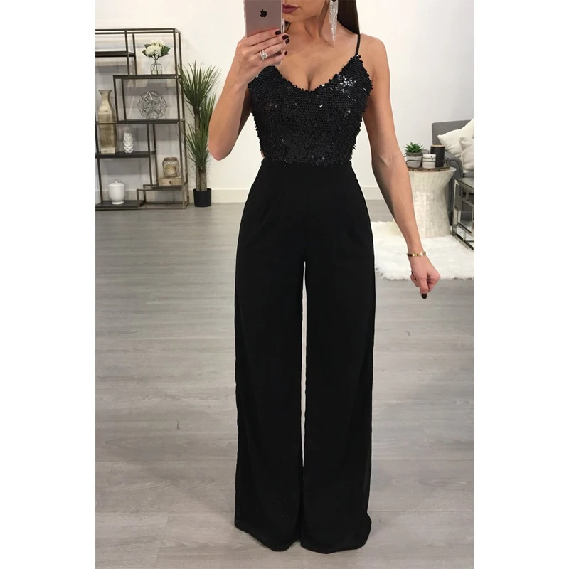 Women Sequins Rompers V Neck Clubwear Halter Playsuit Bodycon Party