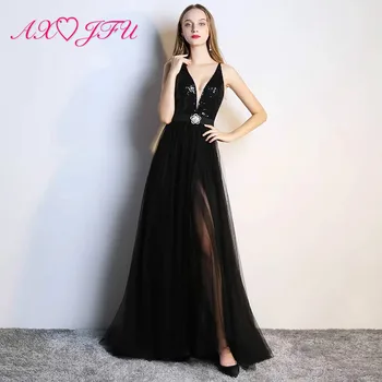 

AXJFU Sexy v neck sleeveless Perspective illusion lace Evening Dress vintage princess beach beading rose black evening dress
