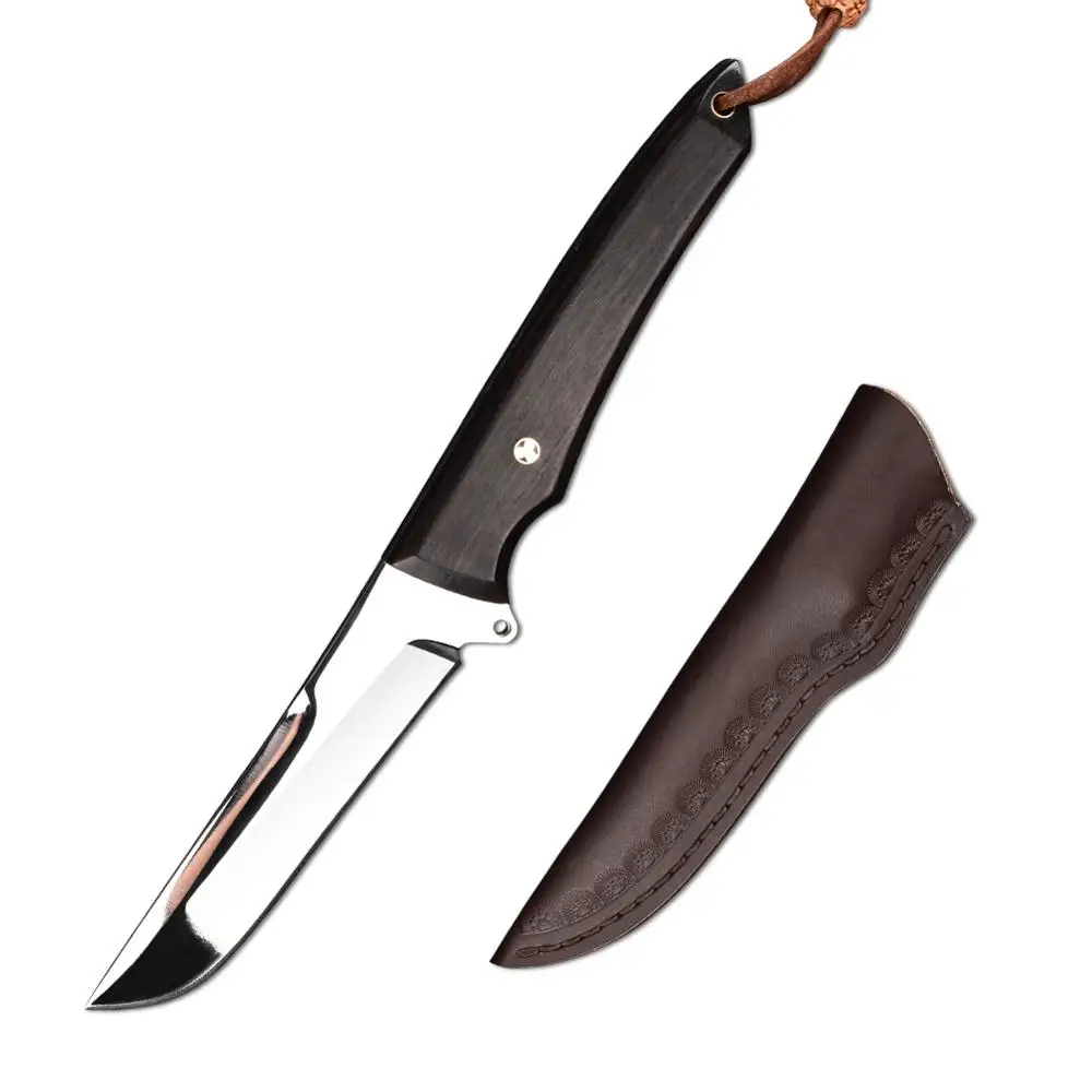 Охотничий нож CIMA для выживания, деревянная ручка сандалового дерева/9cr18mov сталь, кожаная оболочка супер острое зеркальное покрытие - Цвет: Mirror knife