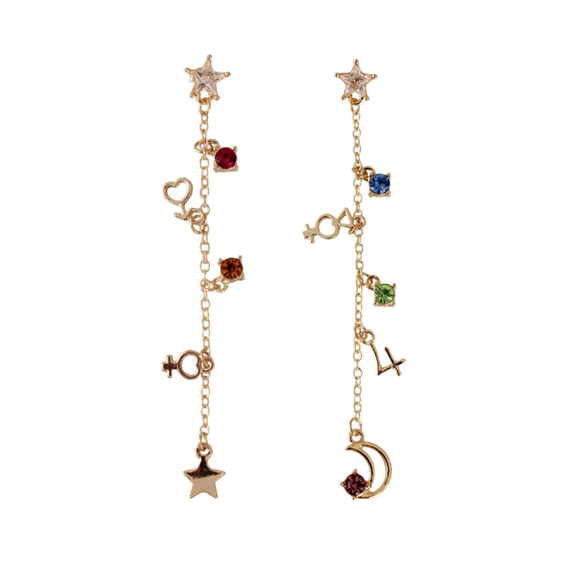 

Japanese Style Sailor Moon Long Drop Earrings Gold Color Cross Stars Moon Long Tassel Brincos For Girls Women props