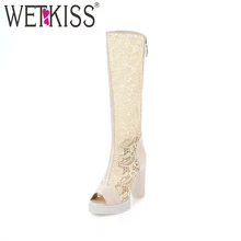 WETKISS/ г. Новые летние женские сапоги до колена обувь на платформе из искусственной кожи с открытым носком на молнии Весенняя модная женская обувь на высоком каблуке со шнуровкой