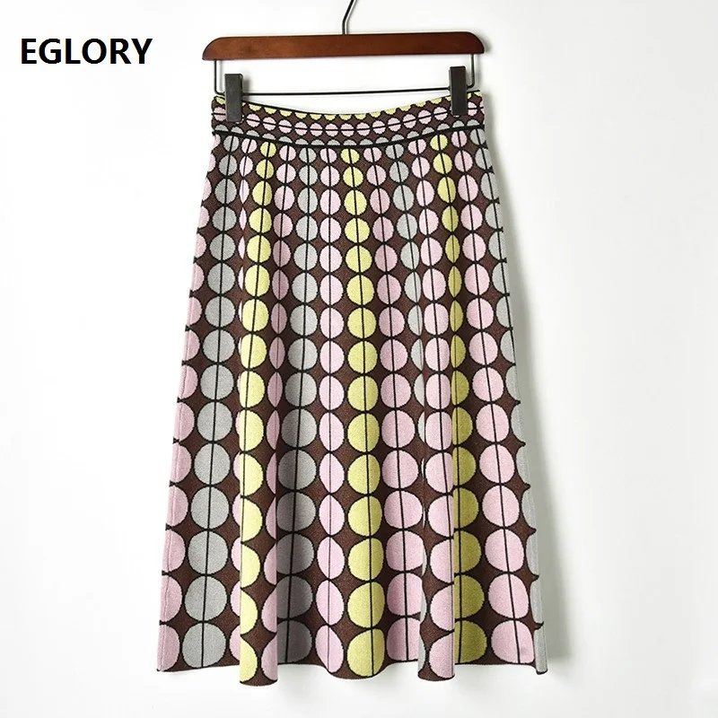 

2019 Spring Autumn Winter Fashion Knitted Skirt Women Sweet Color Polka Dot Print Mid-Calf Length Skirt Female Casual Knitwear