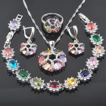

Newst Charming Multicolor Zirconia Jewelry Sets For Women Bracelet Necklace Pendant Earrings Ring Set Russian style QS0569