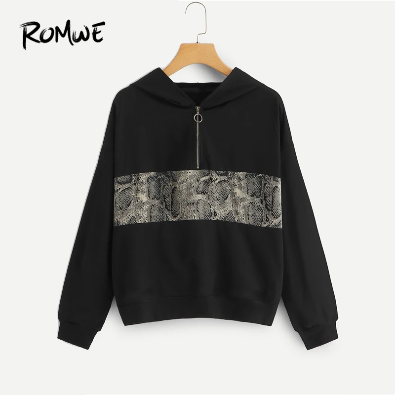 

ROMWE Snake Print Panel Half Placket Sweatshirt 2019 Women Black Clothes Casual Spring Autumn Long Sleeve Hooded Pullovers