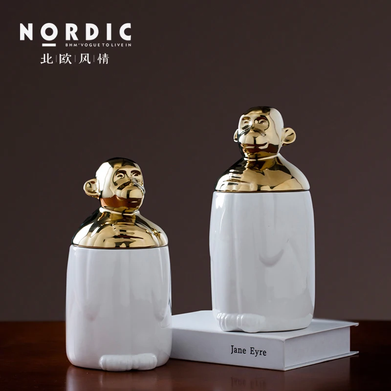 

ceramic Creative Golden monkey storage jar home decor crafts room decoration objects Cookie candy jar Tea can Decorative cans
