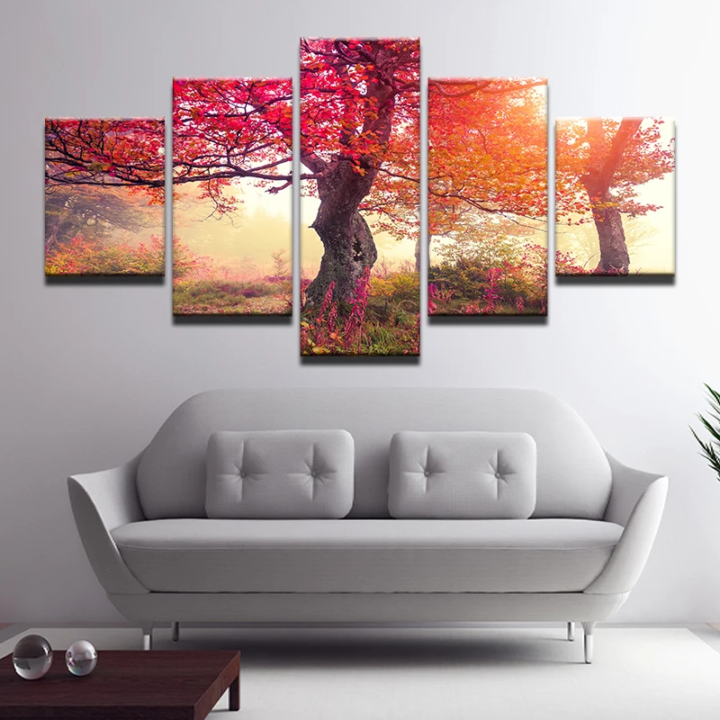 

Wall Art Modular Pictures Printed Canvas 5 Panel Autumn Red Maple Frameworks Painting Tree Poster Home Decoration Living Room
