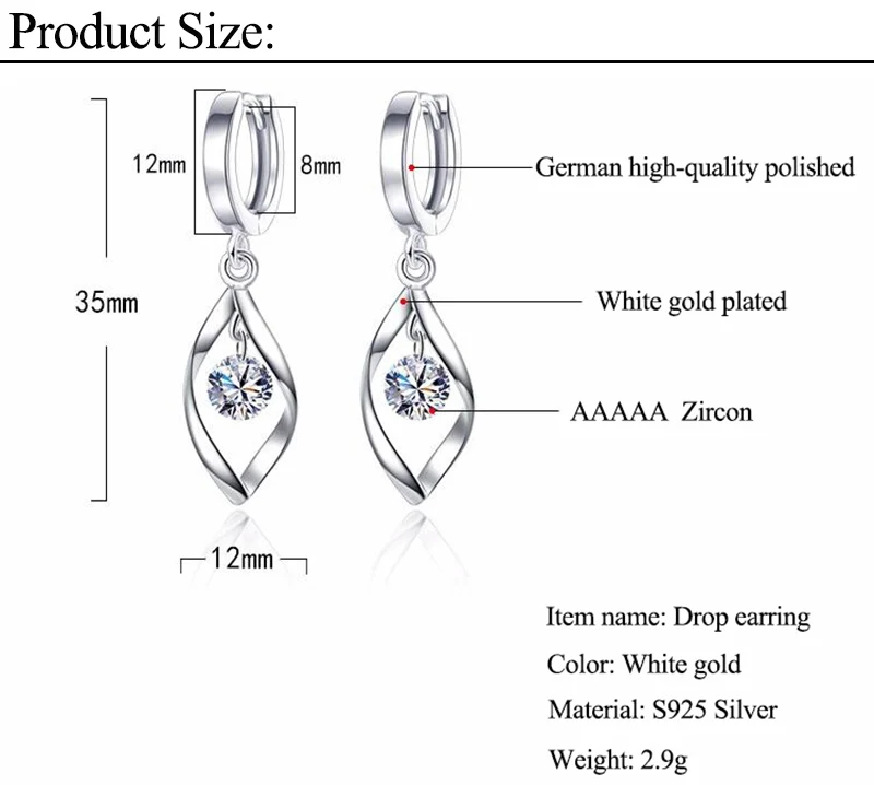 Прекрасные серьги для женщин, твист дизайн, кубический цирконий, кристалл, 925 пробы, серебряные серьги для девушек, женские Oorbellen Brincos Ювелирные Изделия
