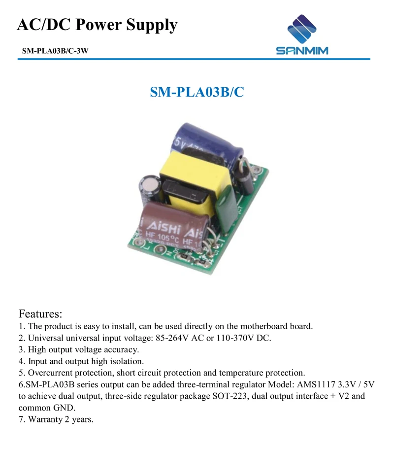 1 шт. SANMIN AC220V в DC3.3V 5 в 9 в 12 В 24 в 3 Вт блок питания изолированный импульсный модуль питания 220 В до 9 в голая плата PLB03BC