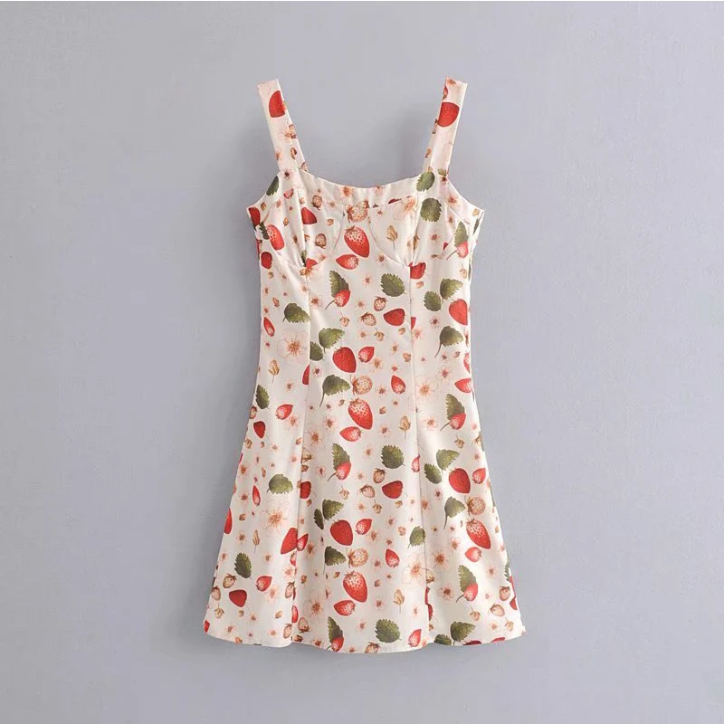 Women's Clothing Dress 2019 Polyester Strawberry Print Sling Dress Ms Summer Street Sexy Slim Fit Temperament Clothing