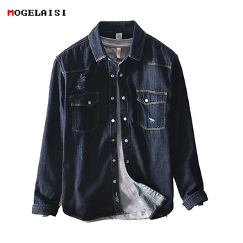 

Men Shirts Jeans Blue Broken Retro Man Shirt Denim Safari Style Pockets Shirt Male chemise homme camisa masculina M-3XL 376