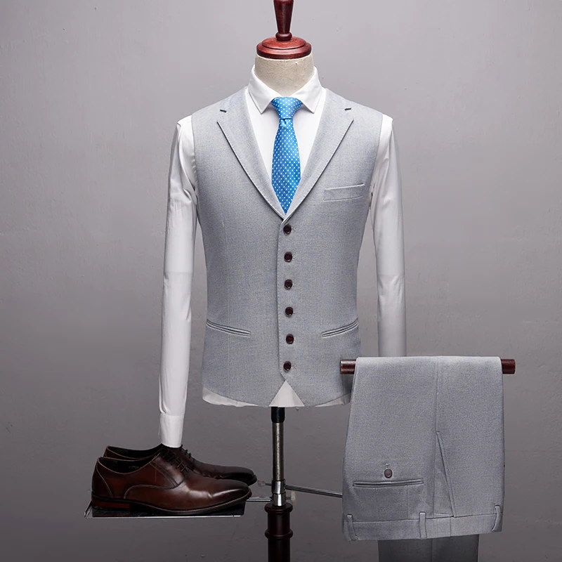2020 New High quality Grey Men suits Costumes Pants Set Formal 3 Pieces Wedding Groom Tuxedos Prom Slim Fit Notched lapel Suits