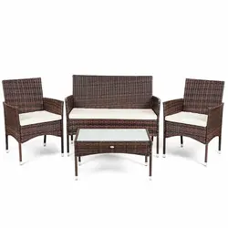 Ротанговый набор мебели для патио, стеклянный Верхний стол, мягкое сиденье, уличная мебель, 1 диван, 2 диван, 1 журнальный столик HW60402