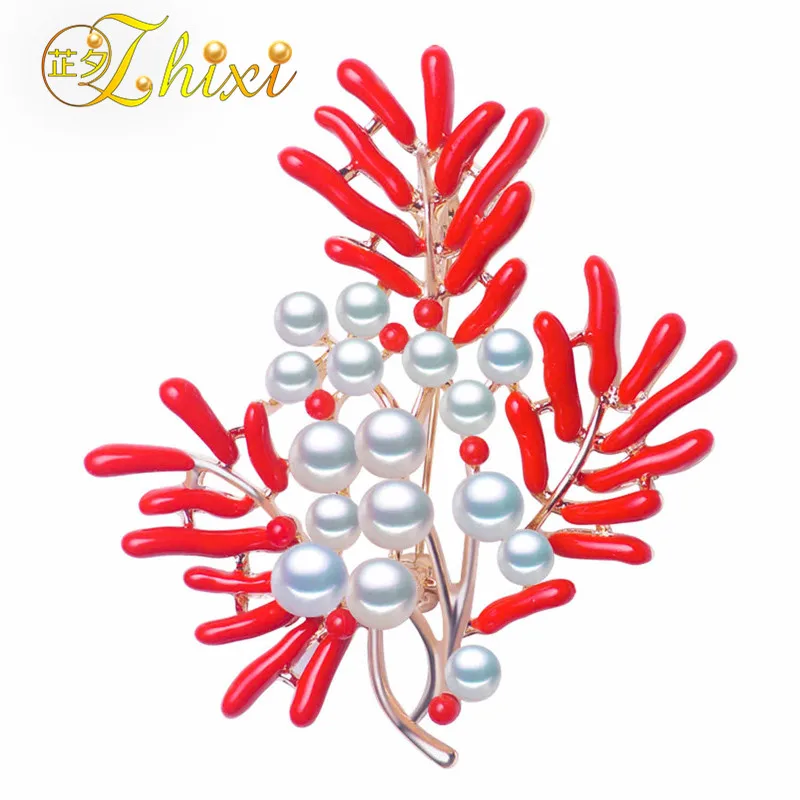 

ZHIXI Pearl Brooches For Women Fine Jewelry White Real Freshwater Pearl Brooch Jewelry Luxury Pins for Clothes Trendy Coral B17