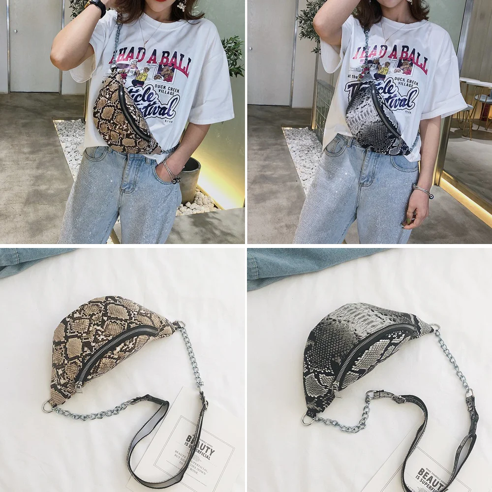 New Style Fashion Snake Pattern Chain Shoulder Waist Bags Fanny Pack Travel Waist Festival Money Belt PU Leather Holiday