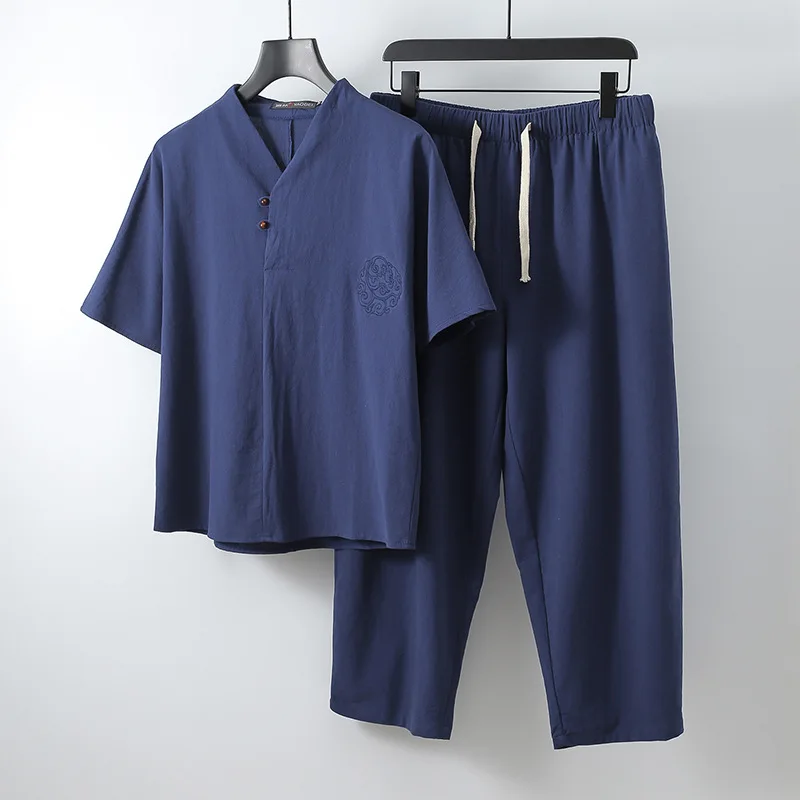 Ninth pants blue Летние мужские льняные Топы И Футболки наборы v-образный вырез Мужская футболка мужские футболки футболка плюс размер M-9XL китайский стиль два предмета костюмы 5 цветов - Цвет: Ninth pants blue