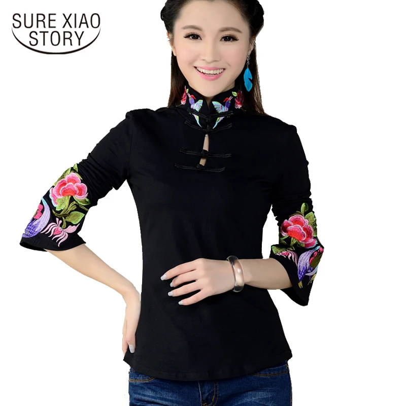 

2019 new arrival Plus size Shirt Spring Long Sleeve tops blouse Support ethnic Flower embroidered Collar 585H 25