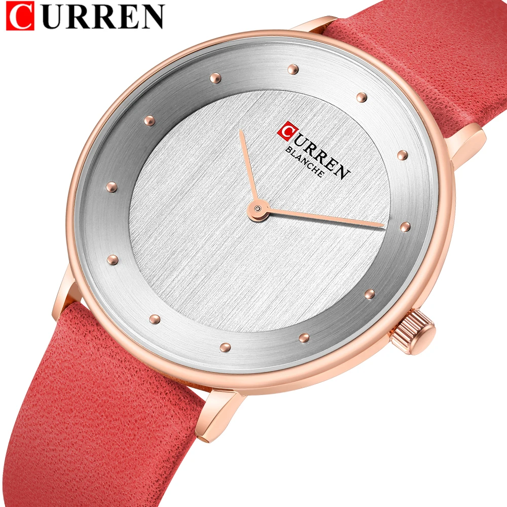 Красный ремешок из натуральной кожи женские кварцевые новые брендовые Модные Простые Женские часы 2019 женские водонепроницаемые часы CURREN