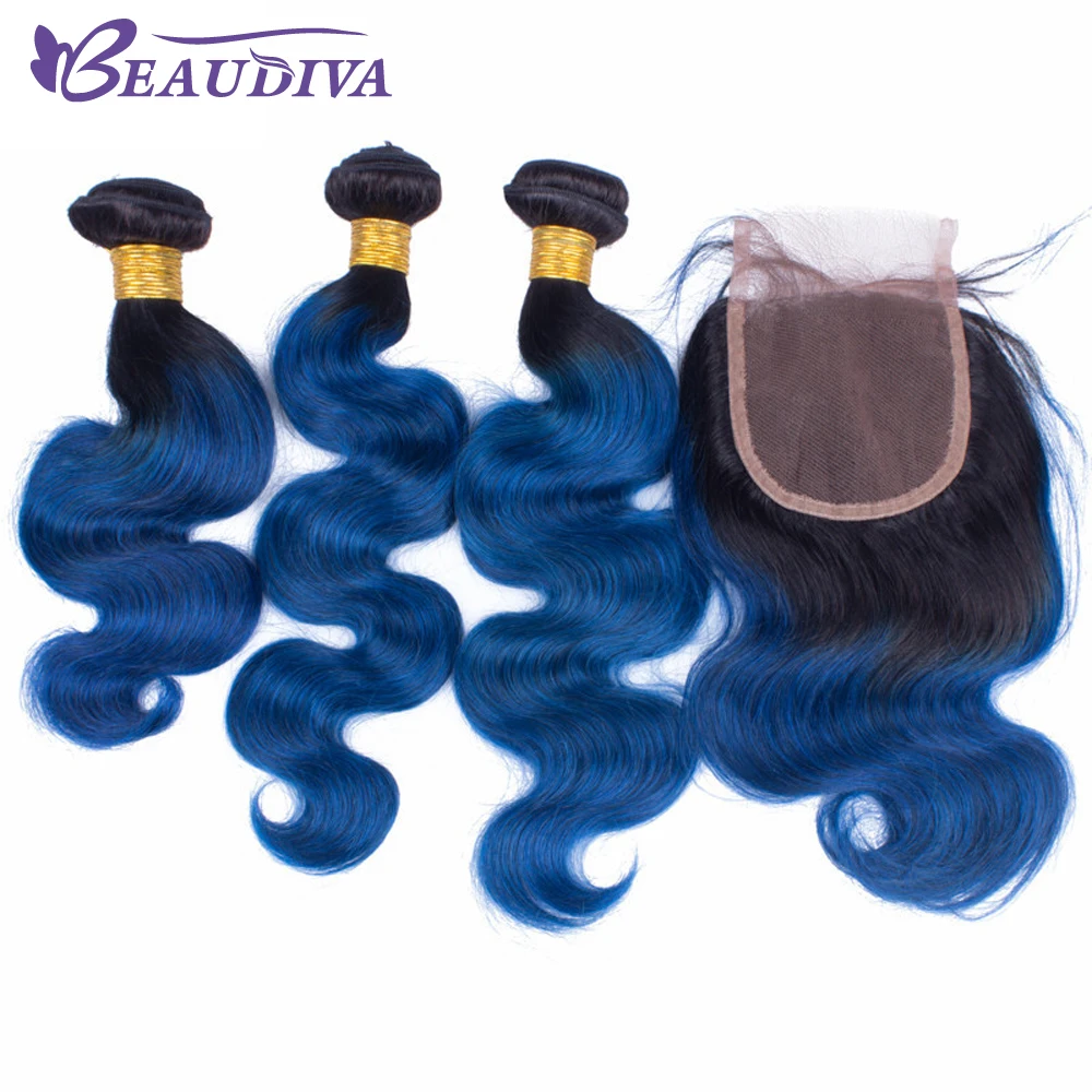 BEAUDIVA Pre-Colored Brazilian Body Wave Human Hair Bundles With Closure Ombre Color 1B/Blue Remy Hair 3 Bundles With Closure brazilian-body-wave-hair-bundles