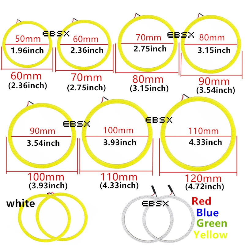 EBSX 1 Пара Halo кольца COB 60 мм 70 мм 80 мм 90 мм 100 мм 110 мм 120 мм Автомобильные фары ангельские глазки мотоцикл белый синий красный дневной свет 12 В