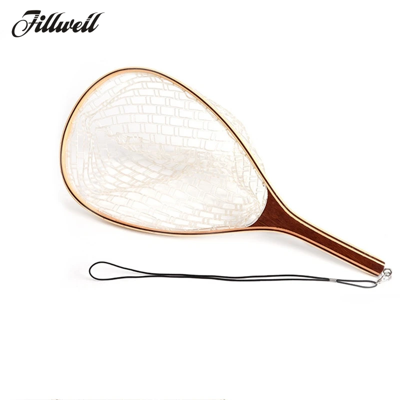 Fly Fishing Net Mesh Wooden Handle Nylon / Rubber Landing Net Catch and