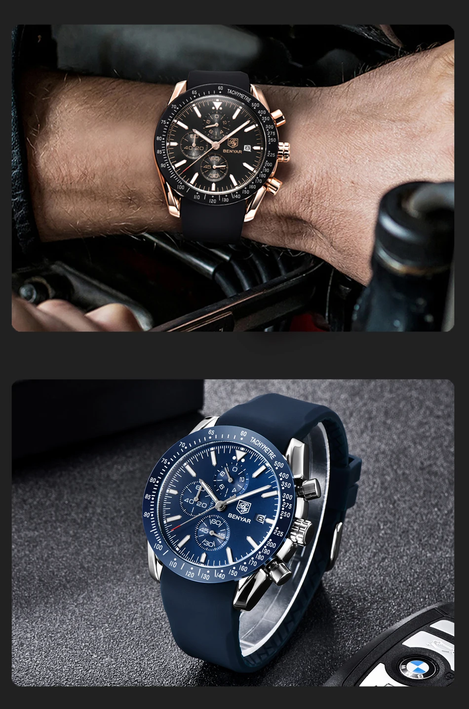 Часы мужские роскошные брендовые BENYAR мужские синие часы силиконовый ремешок наручные часы Мужские часы с хронографом мужские часы Relogio Masculino