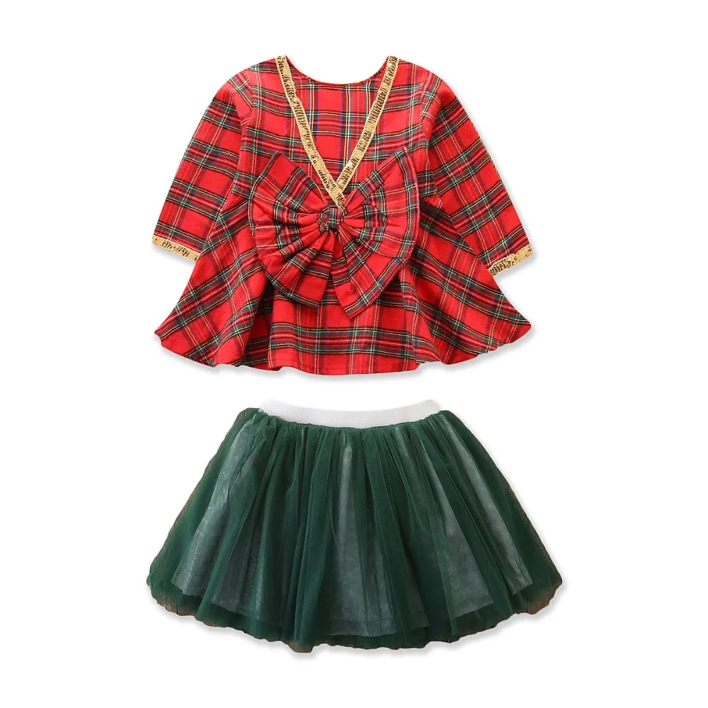 Girl Christmas Dress Set Clothes Costume Bowknot Party Dress+Hat 2Pcs Outfit