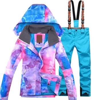 

2018 womens ski suit set snowboard snow skiwear geometric jacket + pants Specail ski clotheshigh quality free shipping