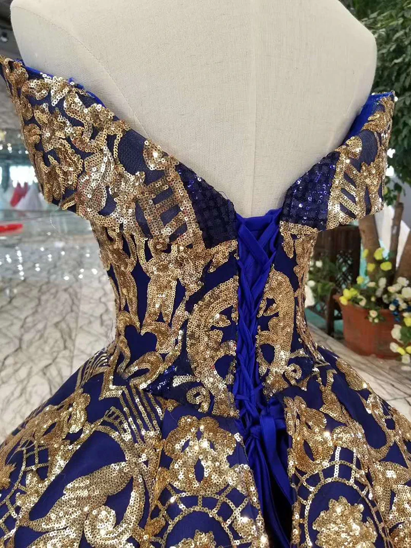 HTL387 темно-синее вечернее платье размера плюс Золотое кружевное с открытыми плечами милое вечернее платье Дубай для женщин Распухшее vestido longo